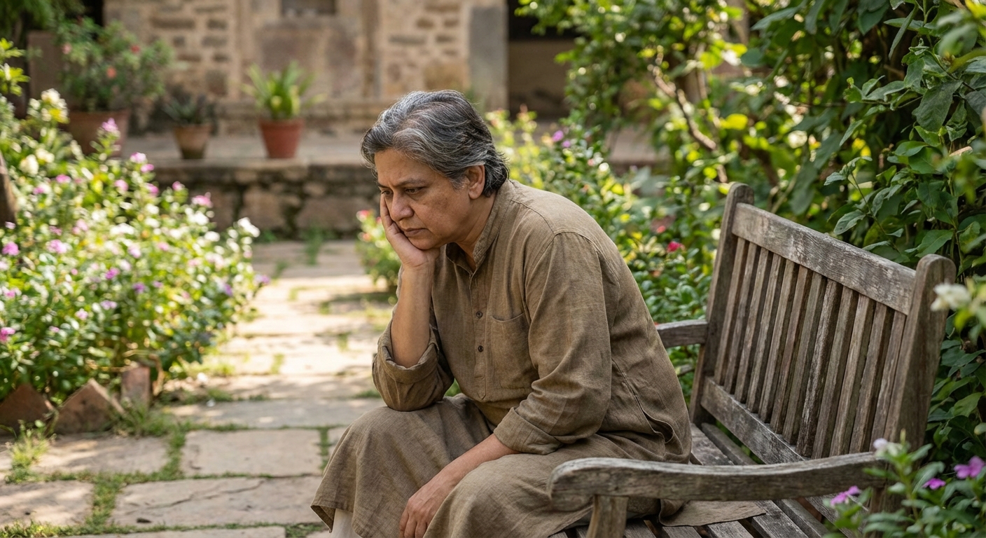 A person sitting alone looking contemplative in a peaceful garden setting