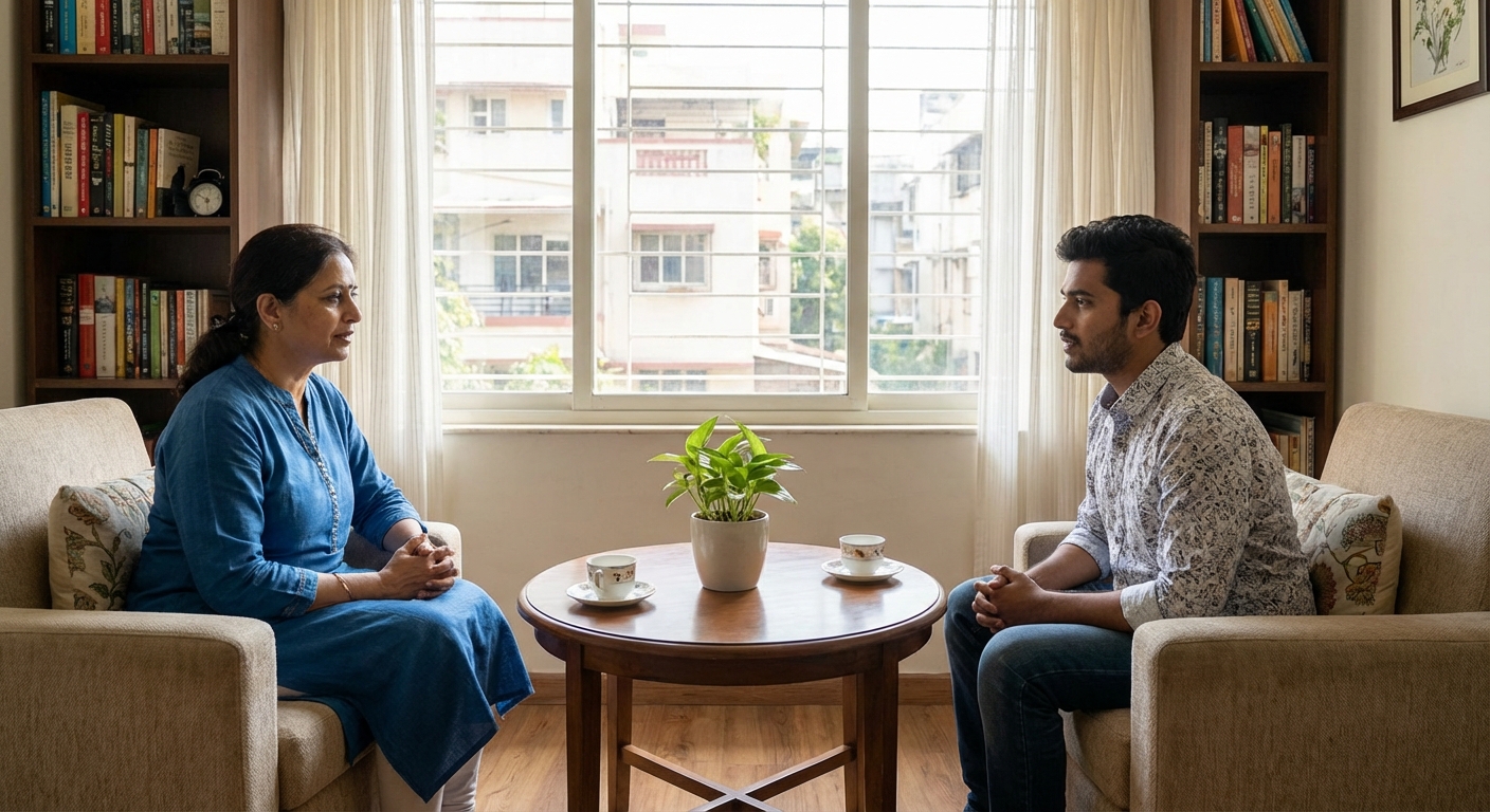 A professional therapy session showing a warm, supportive environment
