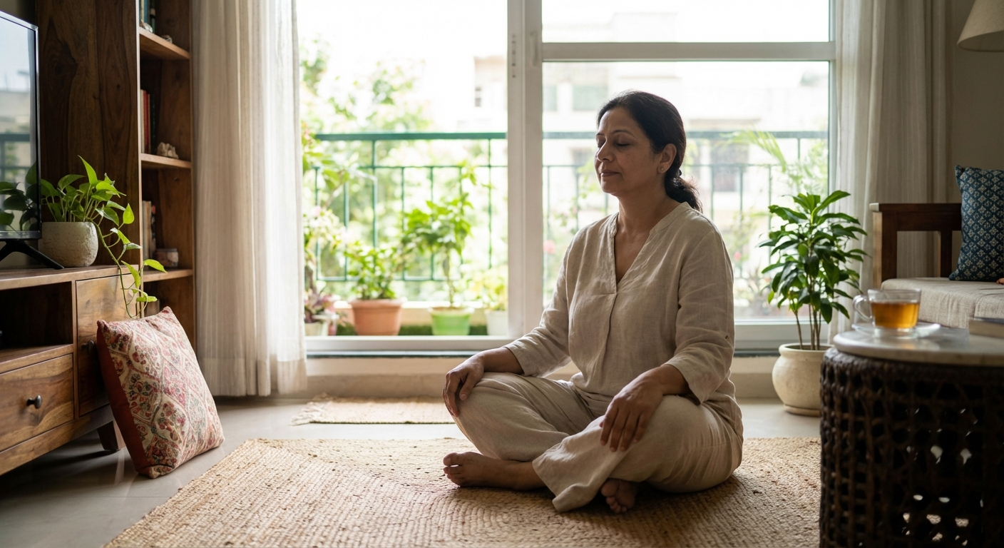 A person practicing mindfulness meditation in a peaceful home setting