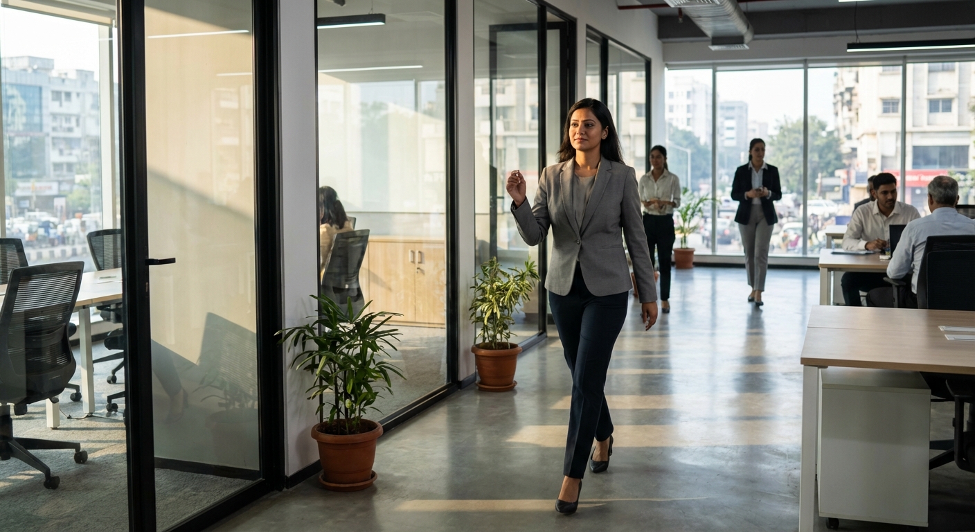An Indian professional taking confident steps forward in a modern office environment