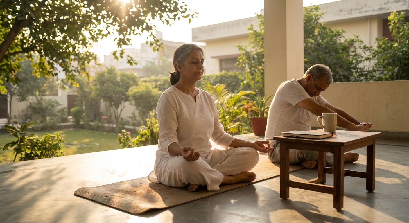 A peaceful morning scene showing healthy lifestyle elements including yoga and meditation