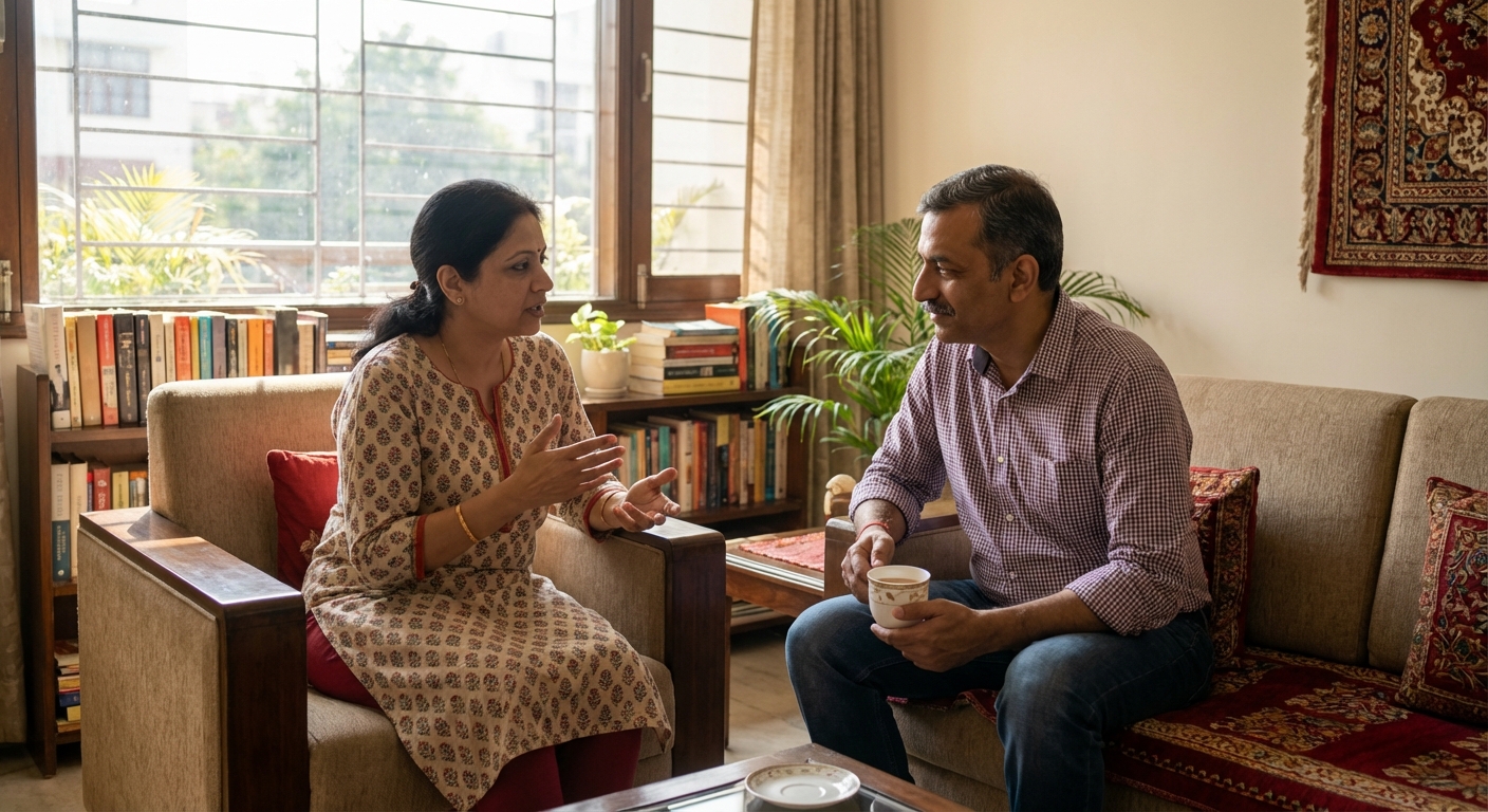 A couple practicing active listening, one speaking while the other listens attentively