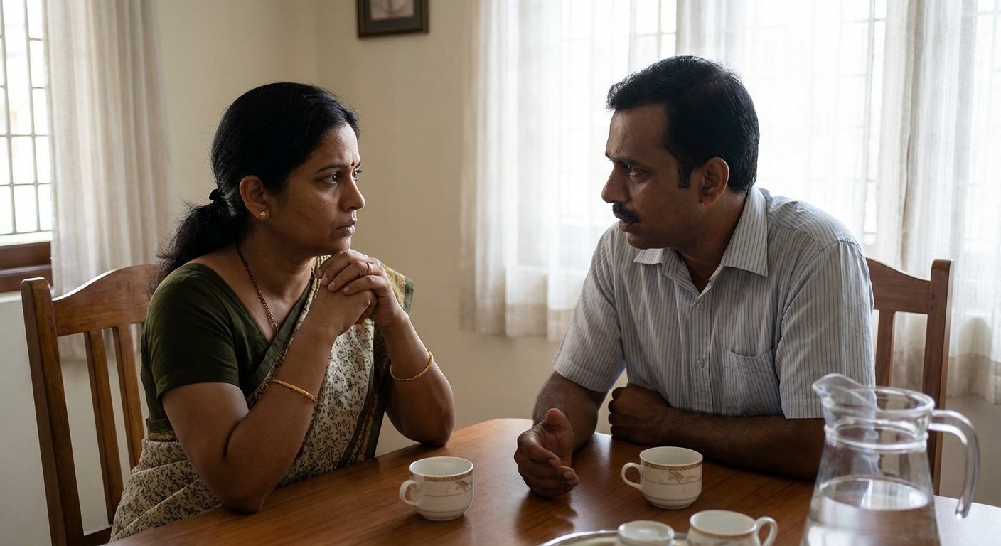 A couple having a difficult but respectful conversation across a dining table