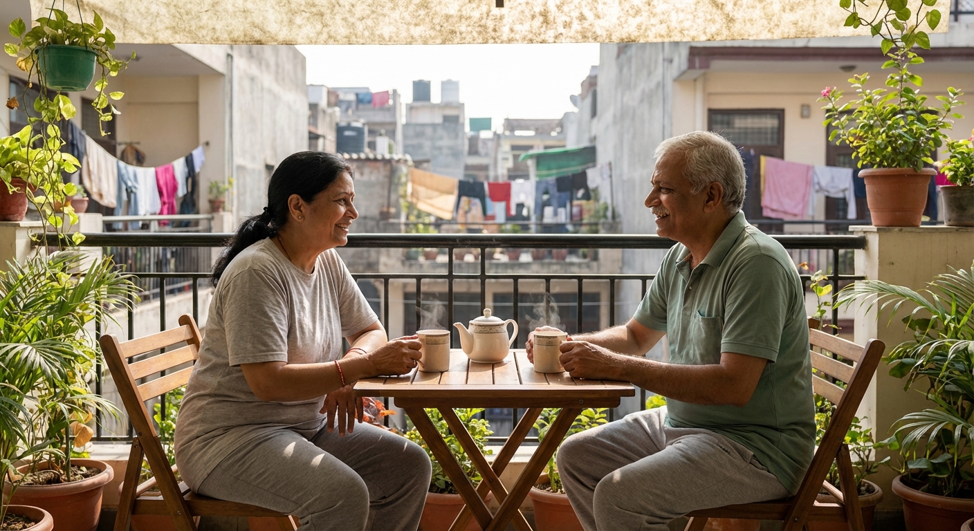 A couple sharing morning tea on a balcony, enjoying a peaceful moment together
