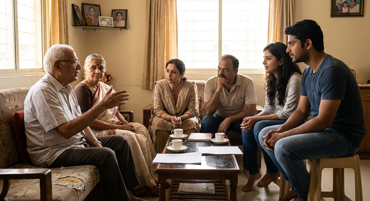 Indian family in conversation, showing generational perspectives