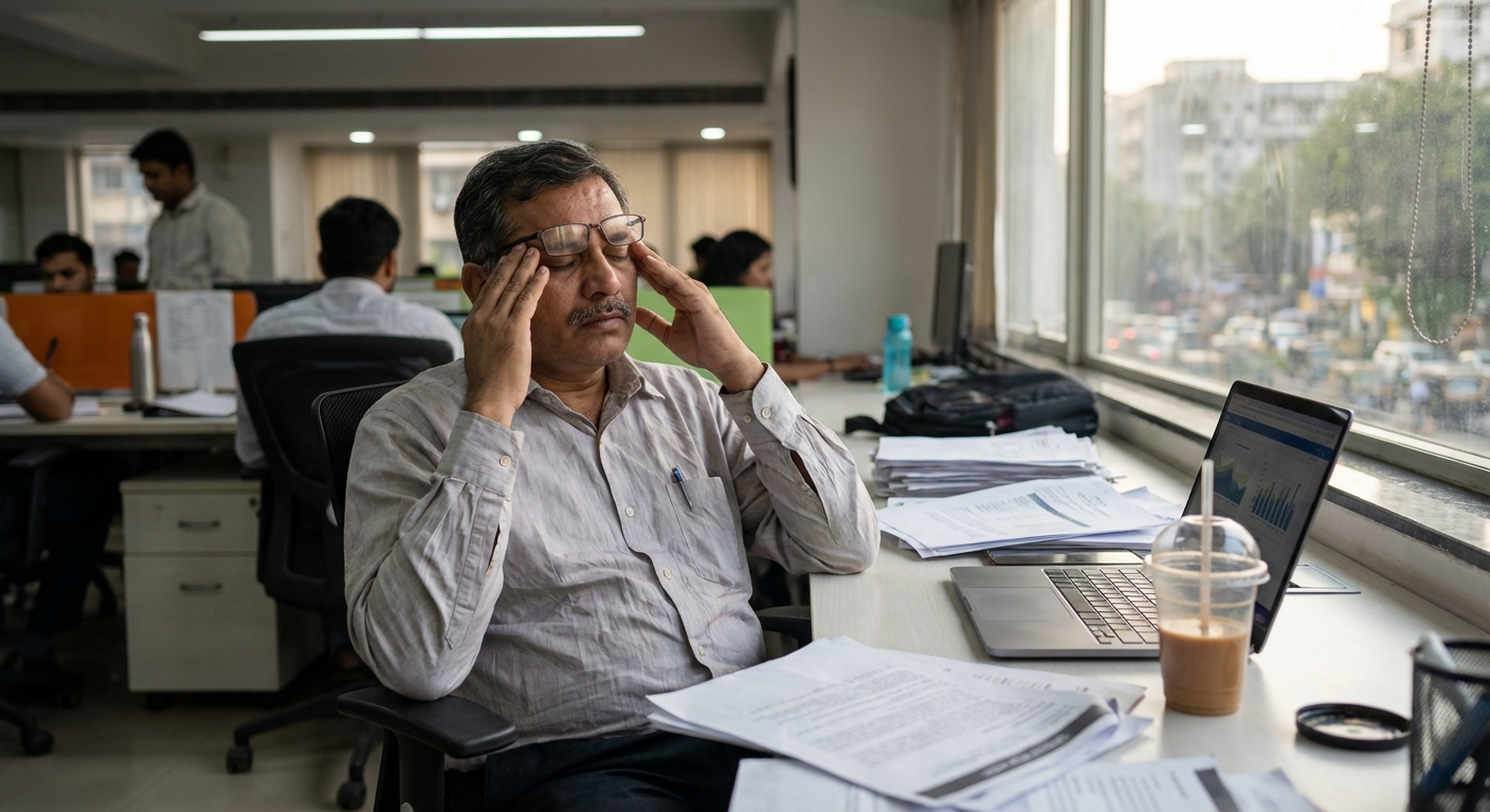 Professional in workplace showing signs of stress