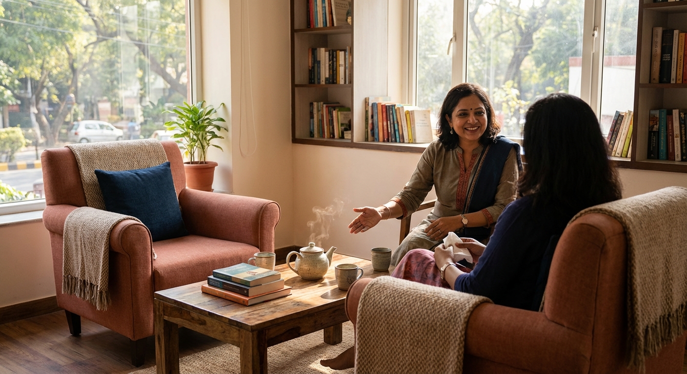 Welcoming therapy office with warm, professional atmosphere