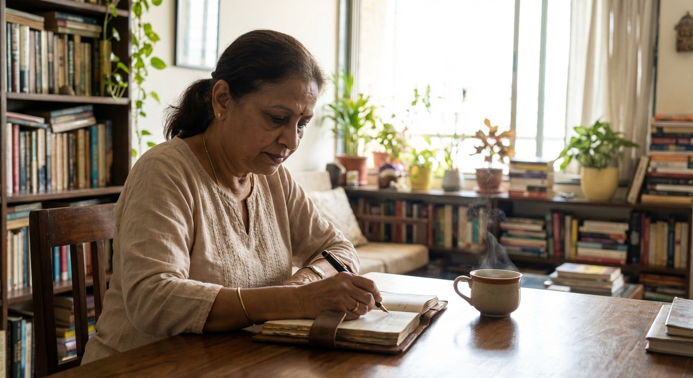 A person writing in a journal with a cup of tea