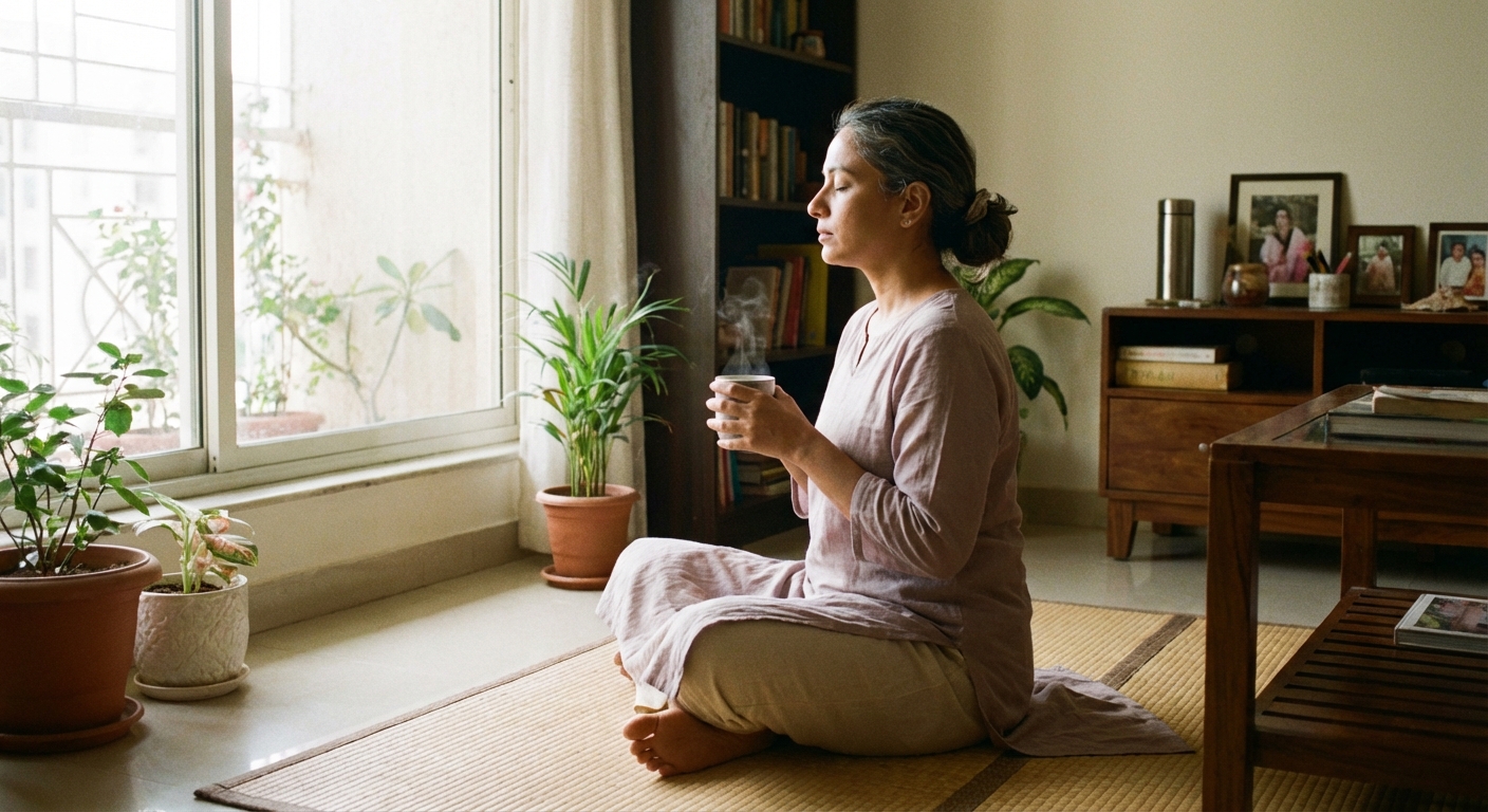 Morning mindfulness routine in Indian home