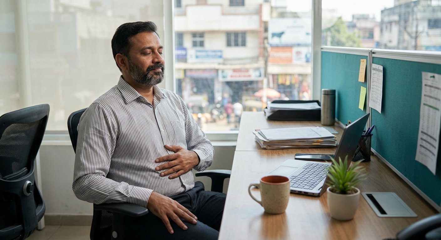 Person practicing mindful breathing at office desk