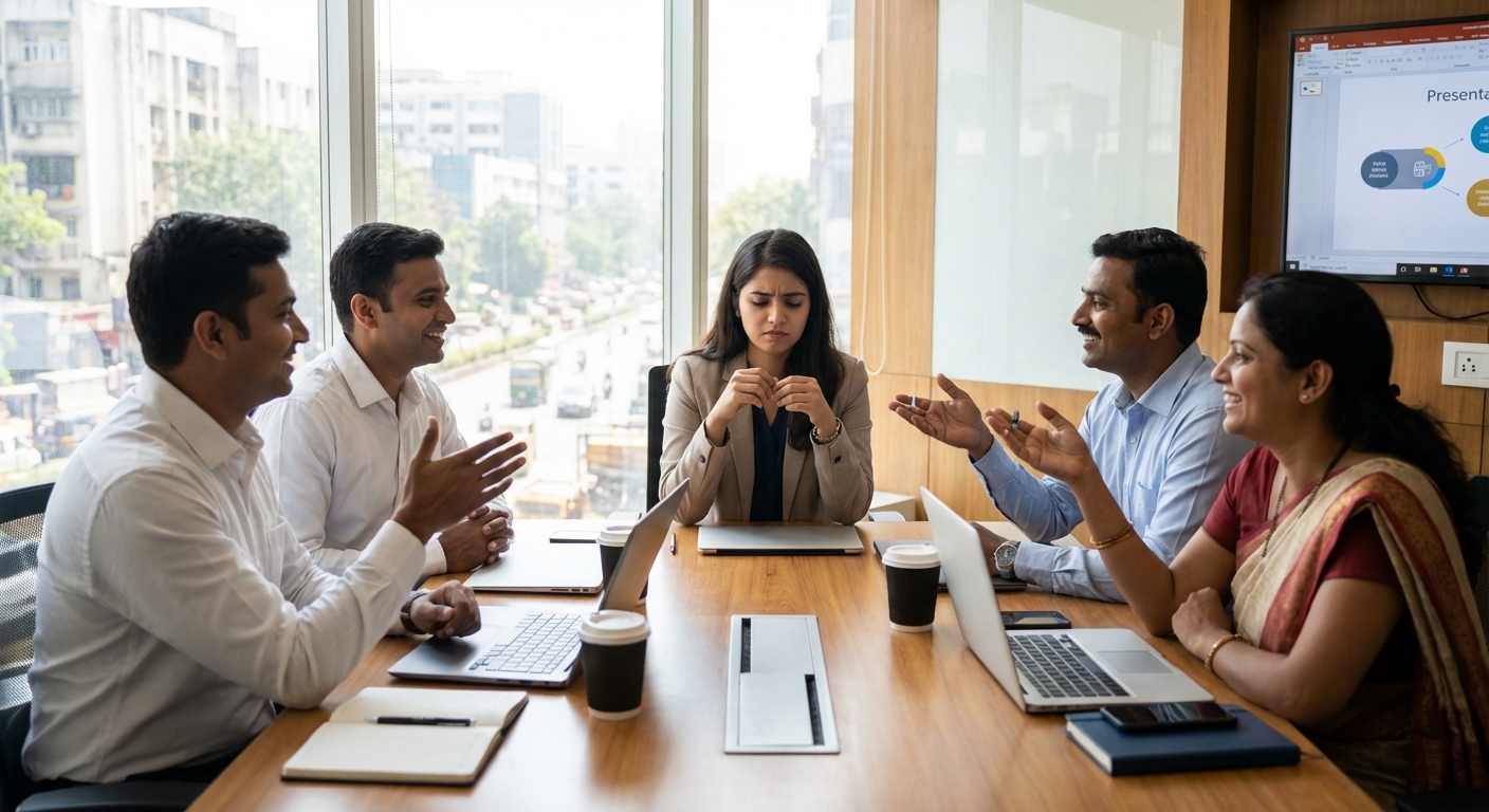A young professional looking uncertain while surrounded by confident colleagues in an office meeting