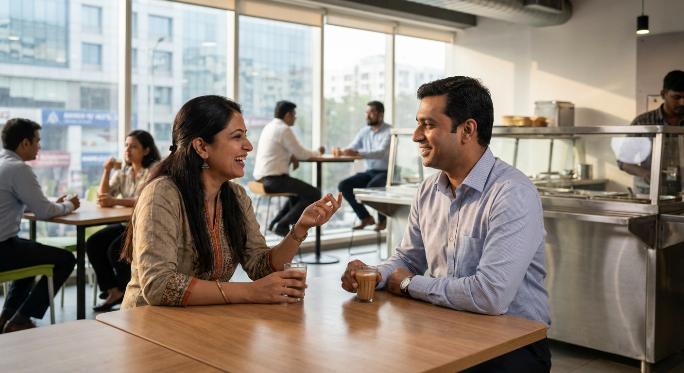 Two colleagues having chai together at an office cafeteria, building professional friendship