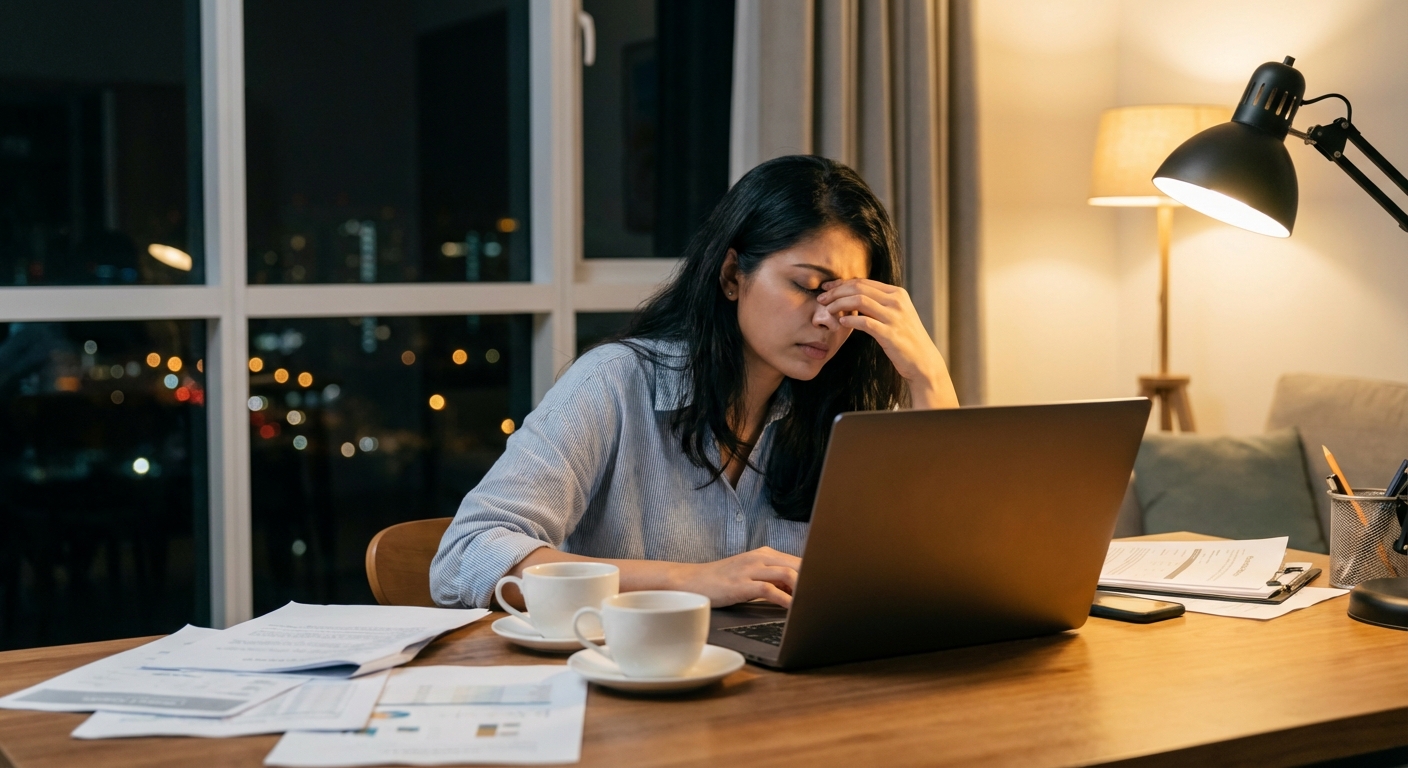 A young professional working late at their desk, looking tired but determined