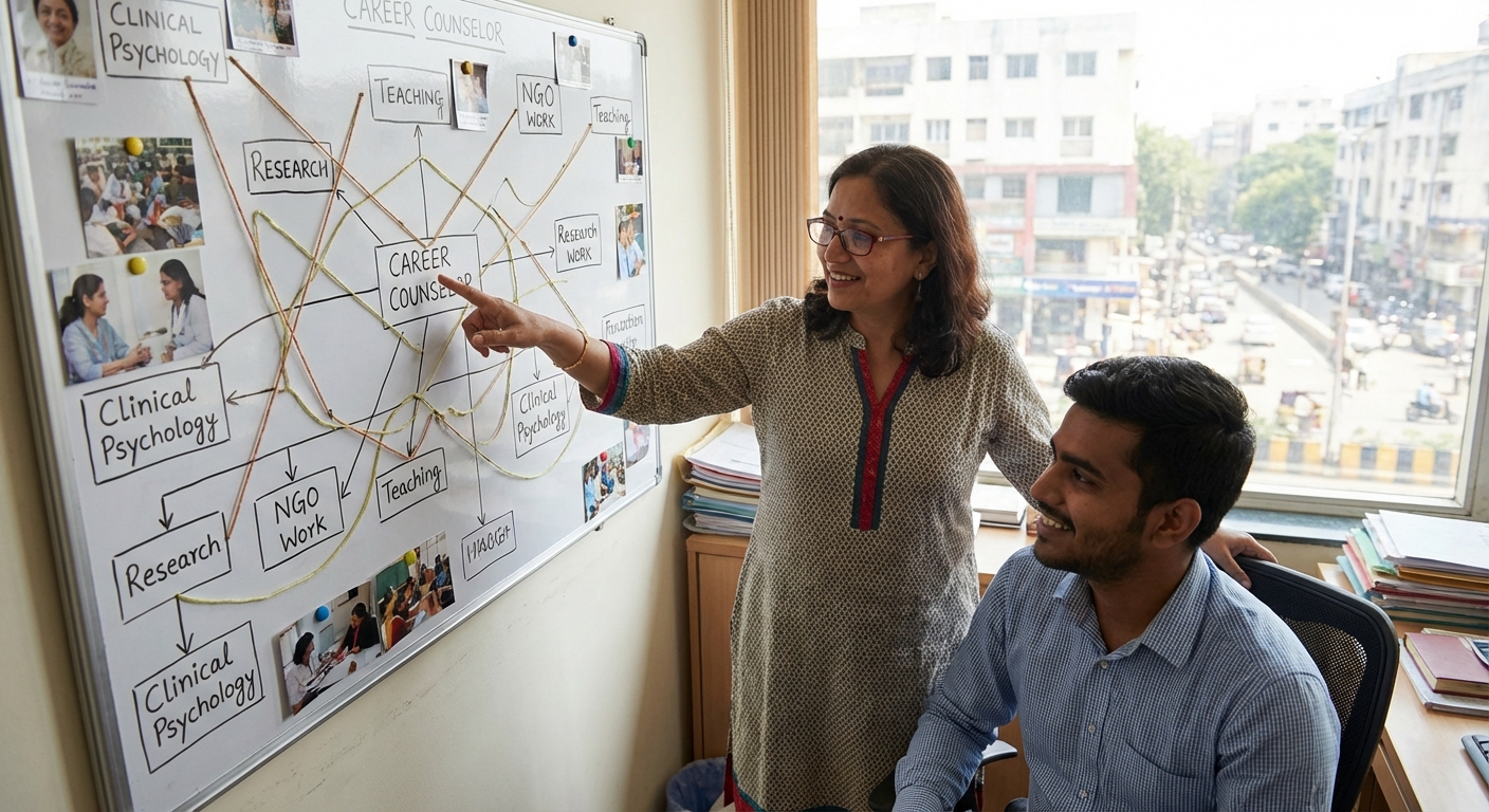 A winding career path illustrated through a creative visualization showing multiple professional possibilities