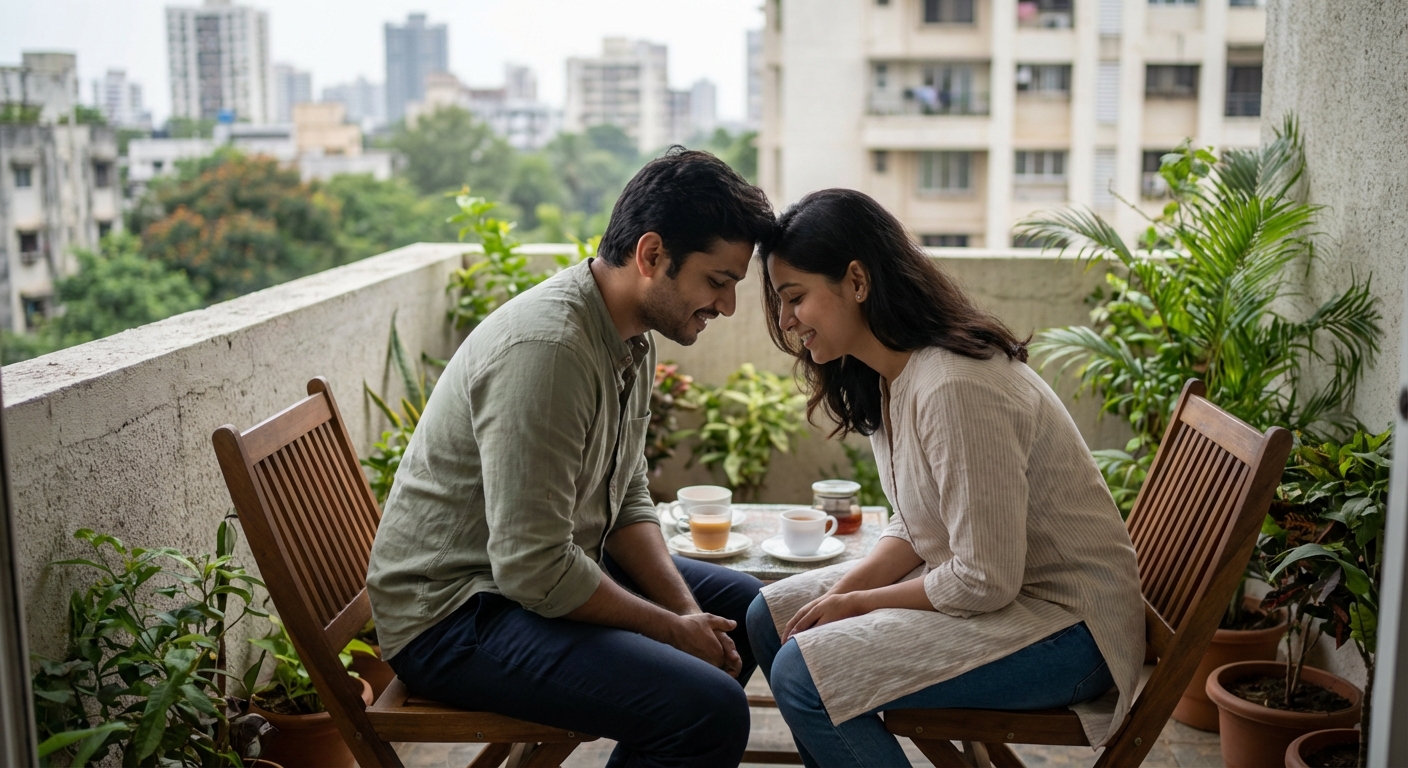 A young Indian couple having a peaceful conversation on their balcony