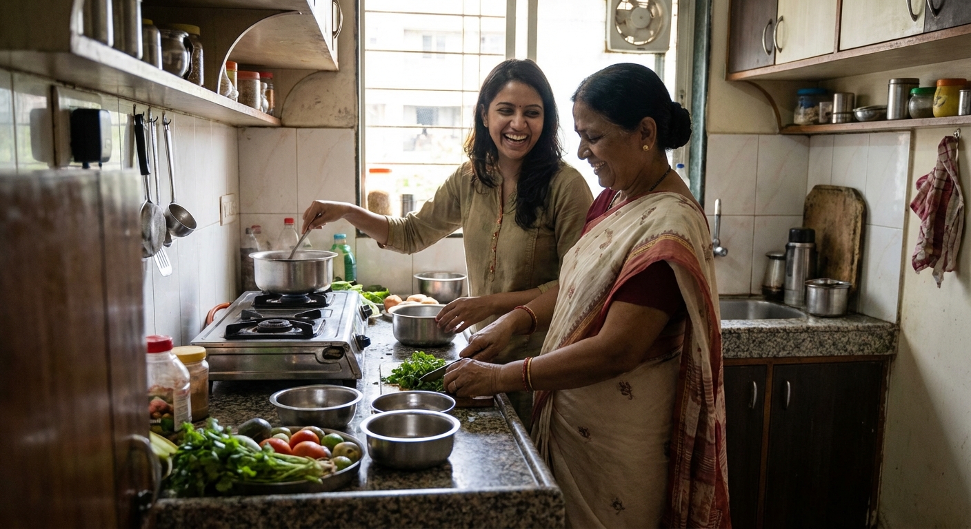 An Indian daughter-in-law and mother-in-law cooking together in a kitchen