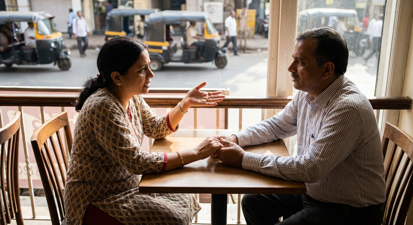An Indian couple holding hands while having a discussion