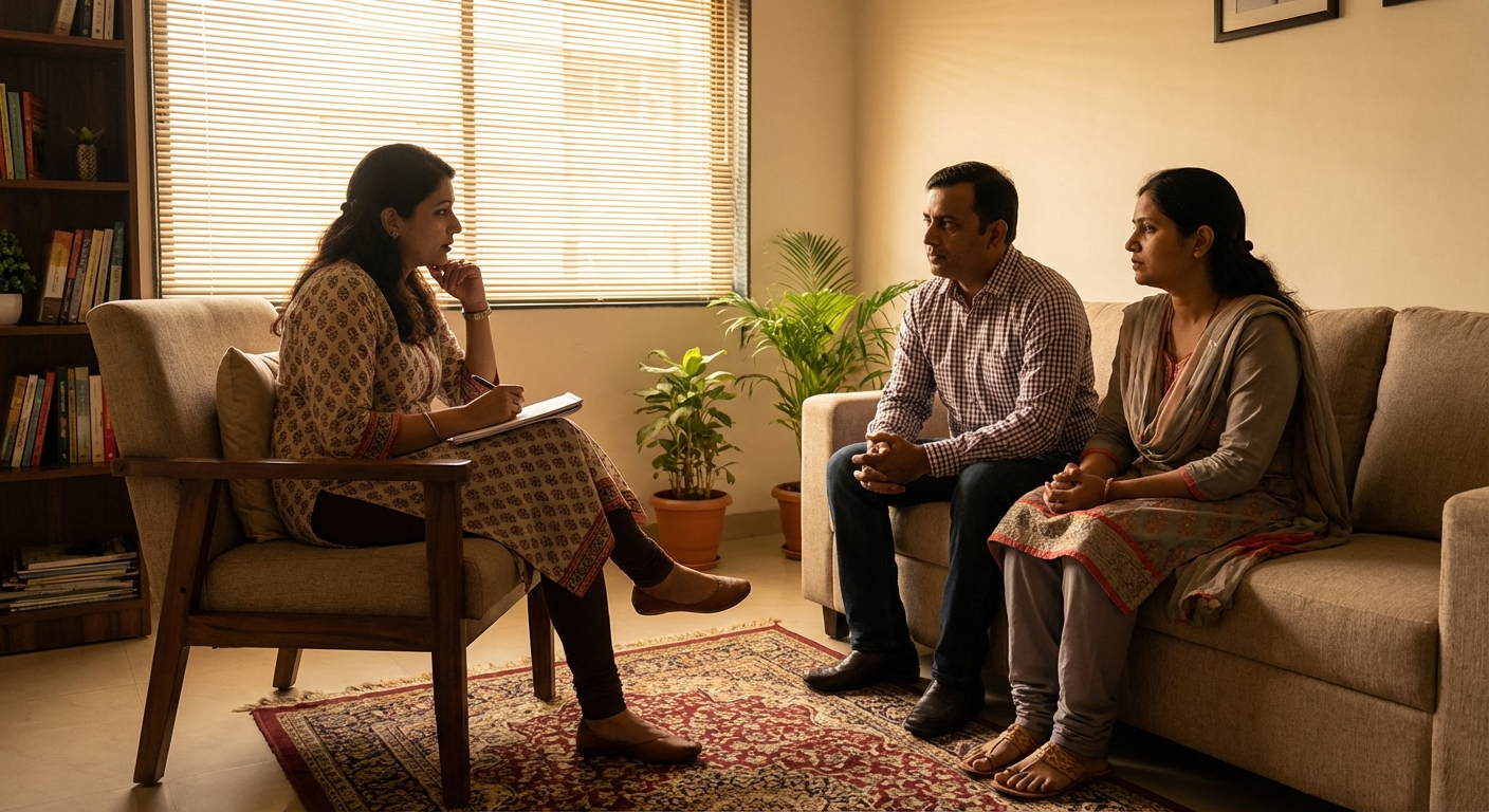 A professional counseling session with a therapist and couple
