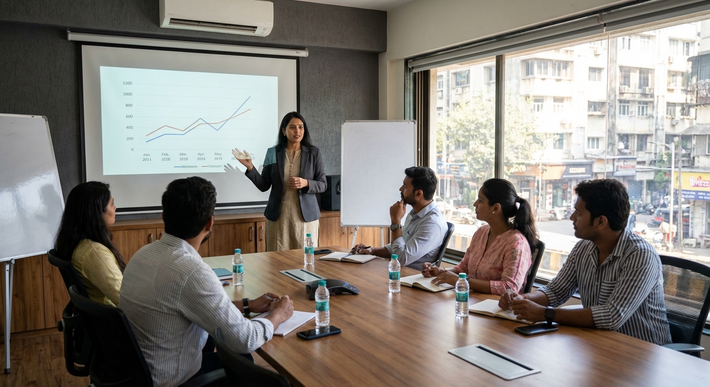 Professional confidently presenting in a meeting room
