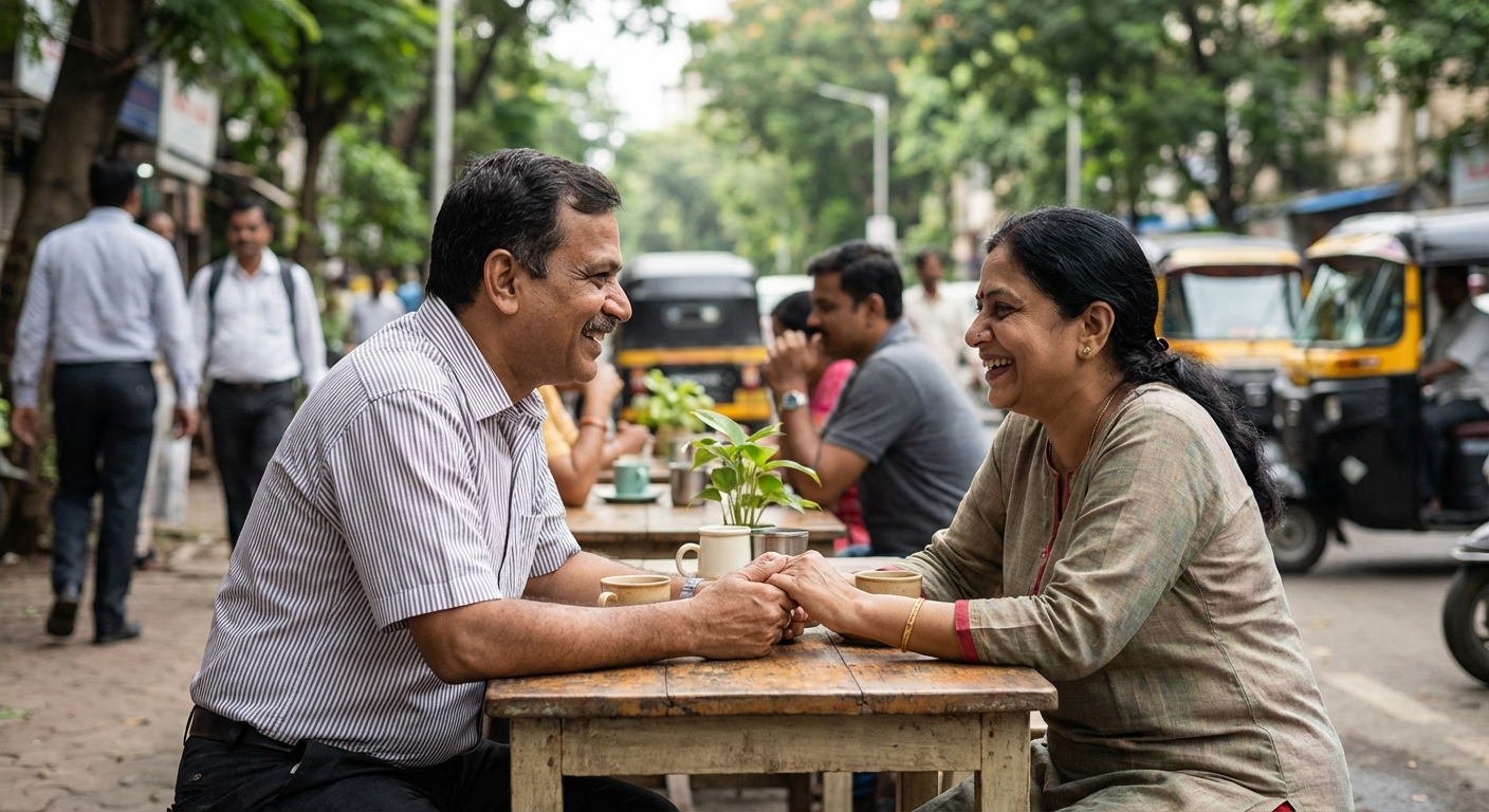 People engaged in meaningful face-to-face conversation without phones