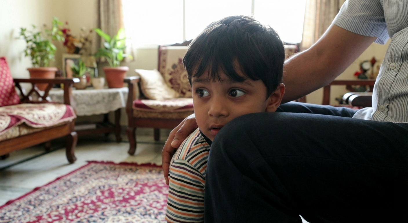 A young child hiding behind their parent's leg while looking fearfully at something off-camera