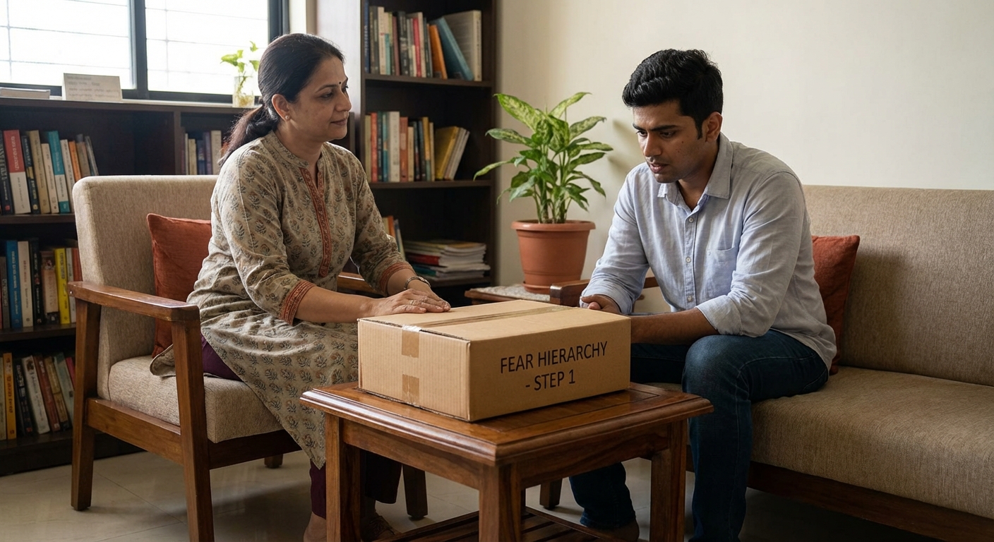 A therapy session showing a counselor guiding a patient through gradual exposure to their fear