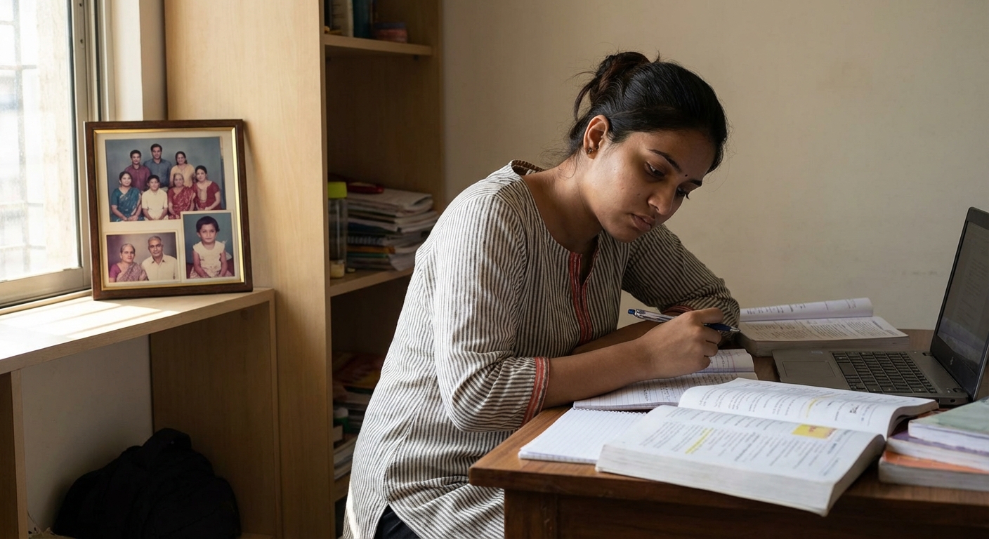 An Indian student studying at a desk with supportive family photos nearby, representing the balance between family expectations and personal growth