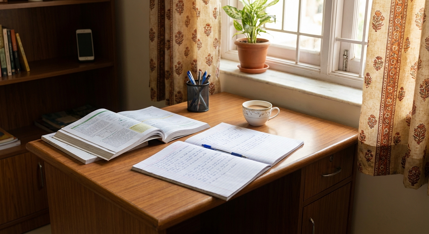 A well-organized study space with minimal distractions, showing a clean desk with study materials and a phone placed far away