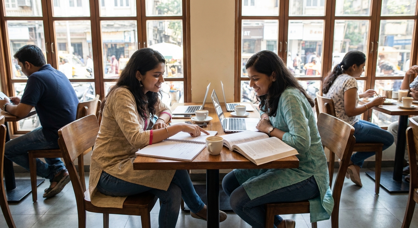 Two friends studying together at a cafe, supporting each other's goals through accountability