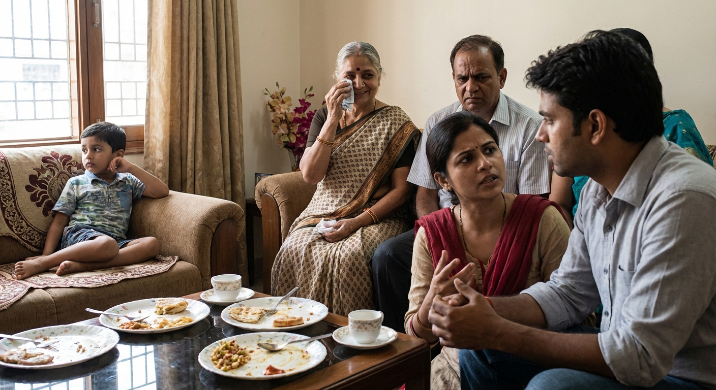 An Indian family gathering with mixed emotions visible