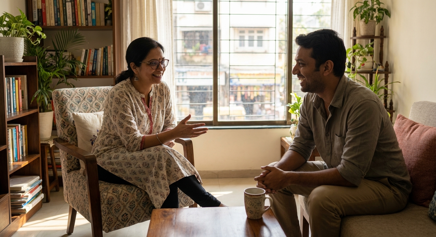 A warm therapeutic conversation between psychologist and client