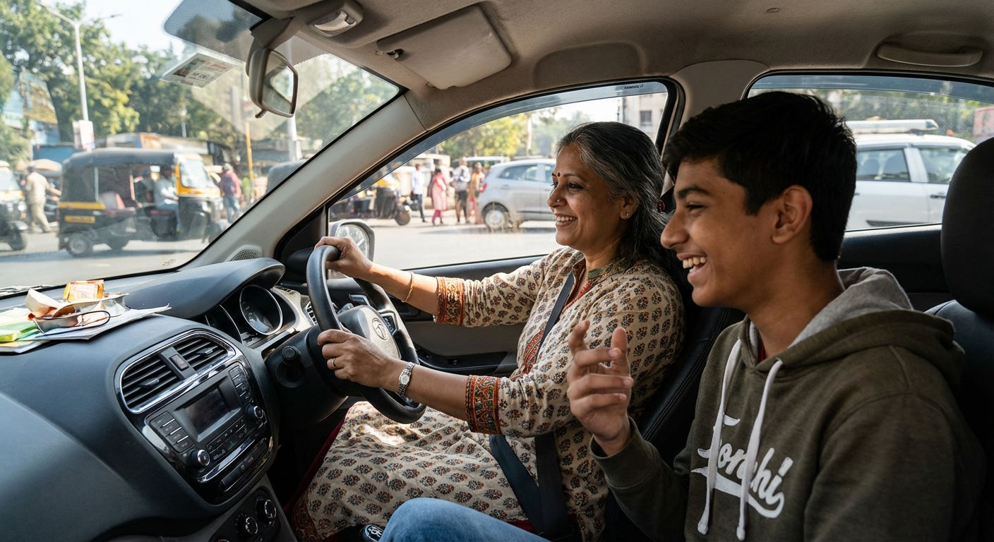 A parent and teenager in a car, having a relaxed conversation during a drive