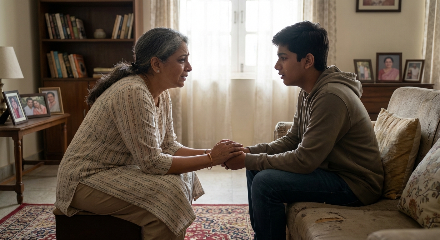A parent offering a sincere apology to their teenager, both looking emotional but open