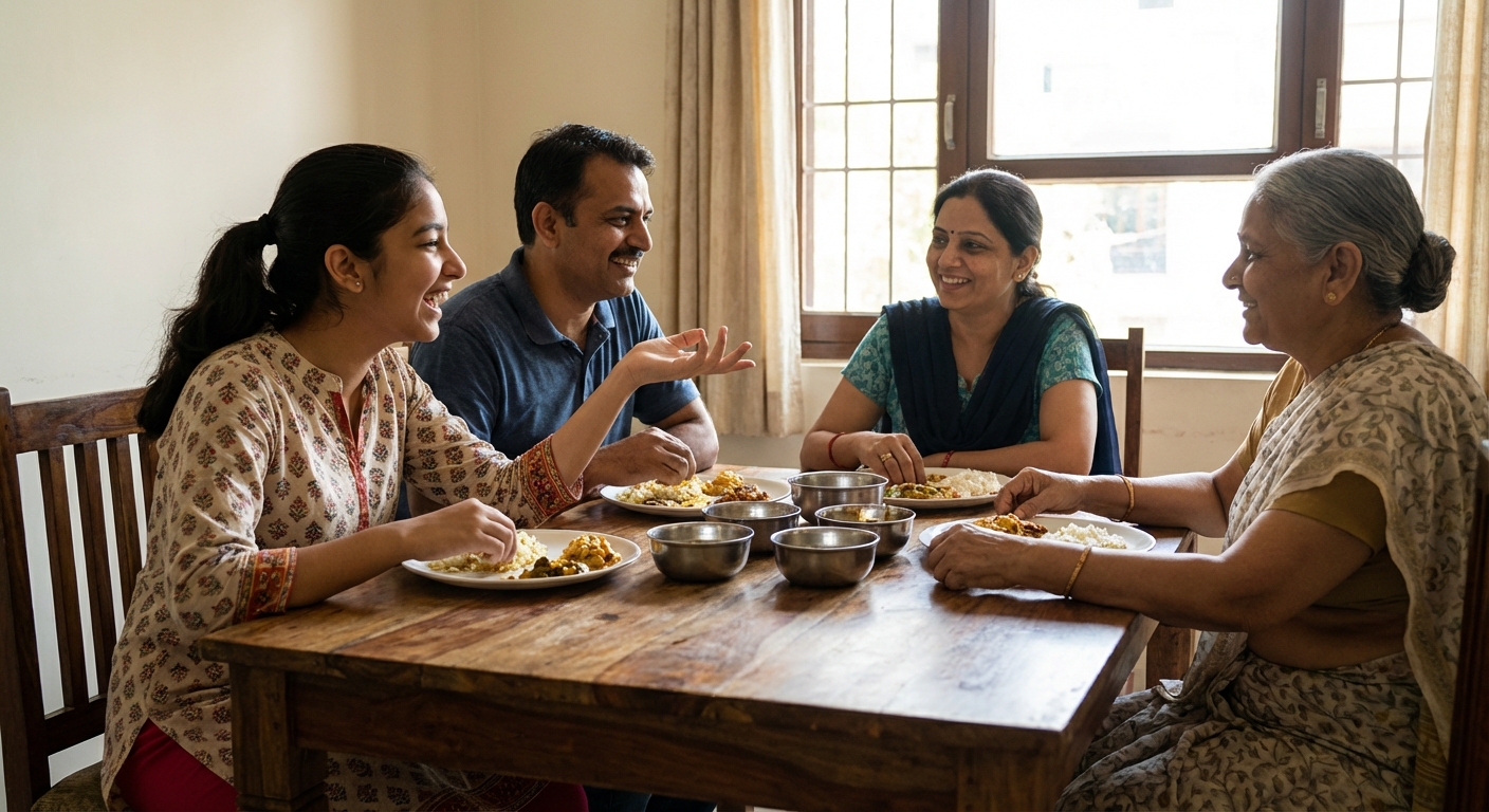 A family sharing a meal together, with the teenager engaged and participating in conversation