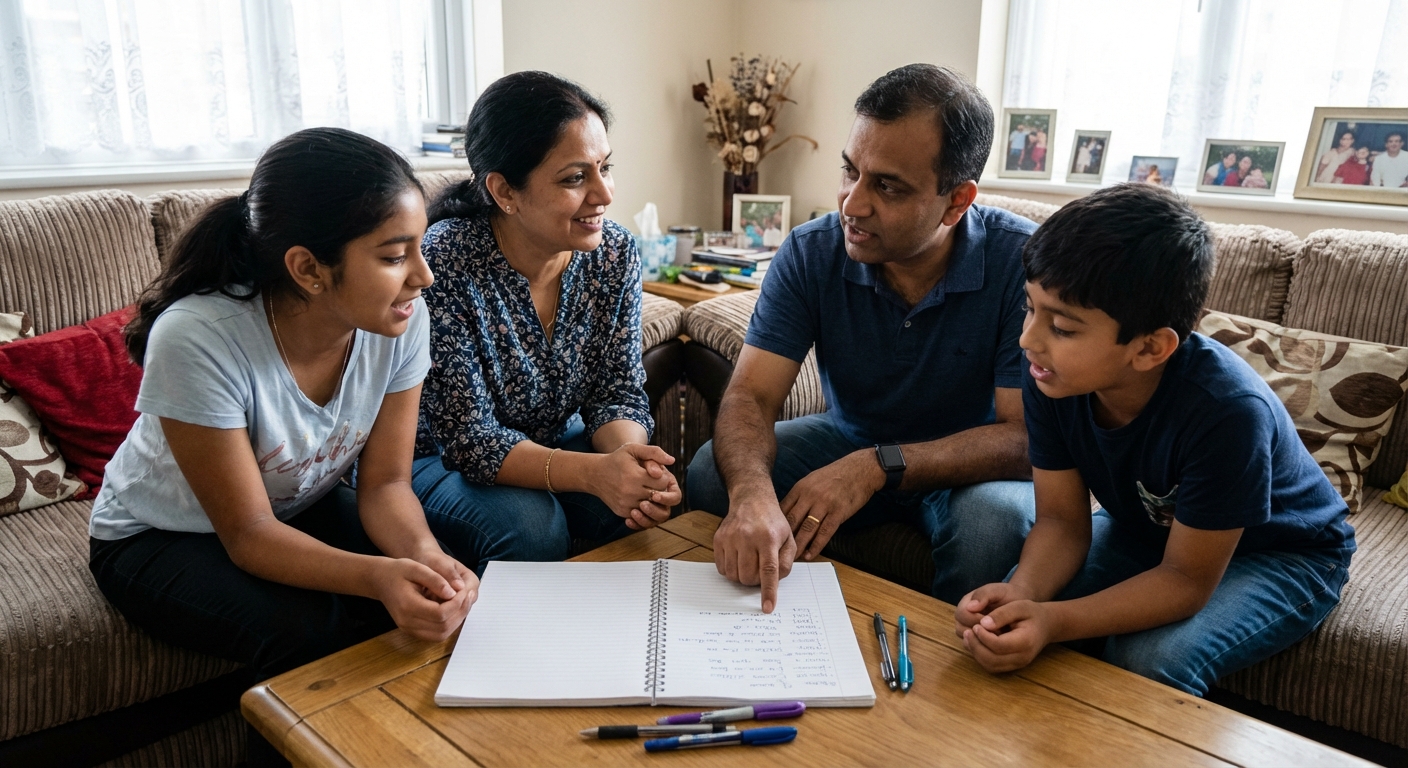 A family having a meeting together, discussing house rules