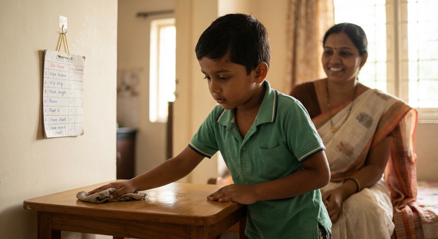 A child learning responsibility by completing age-appropriate tasks