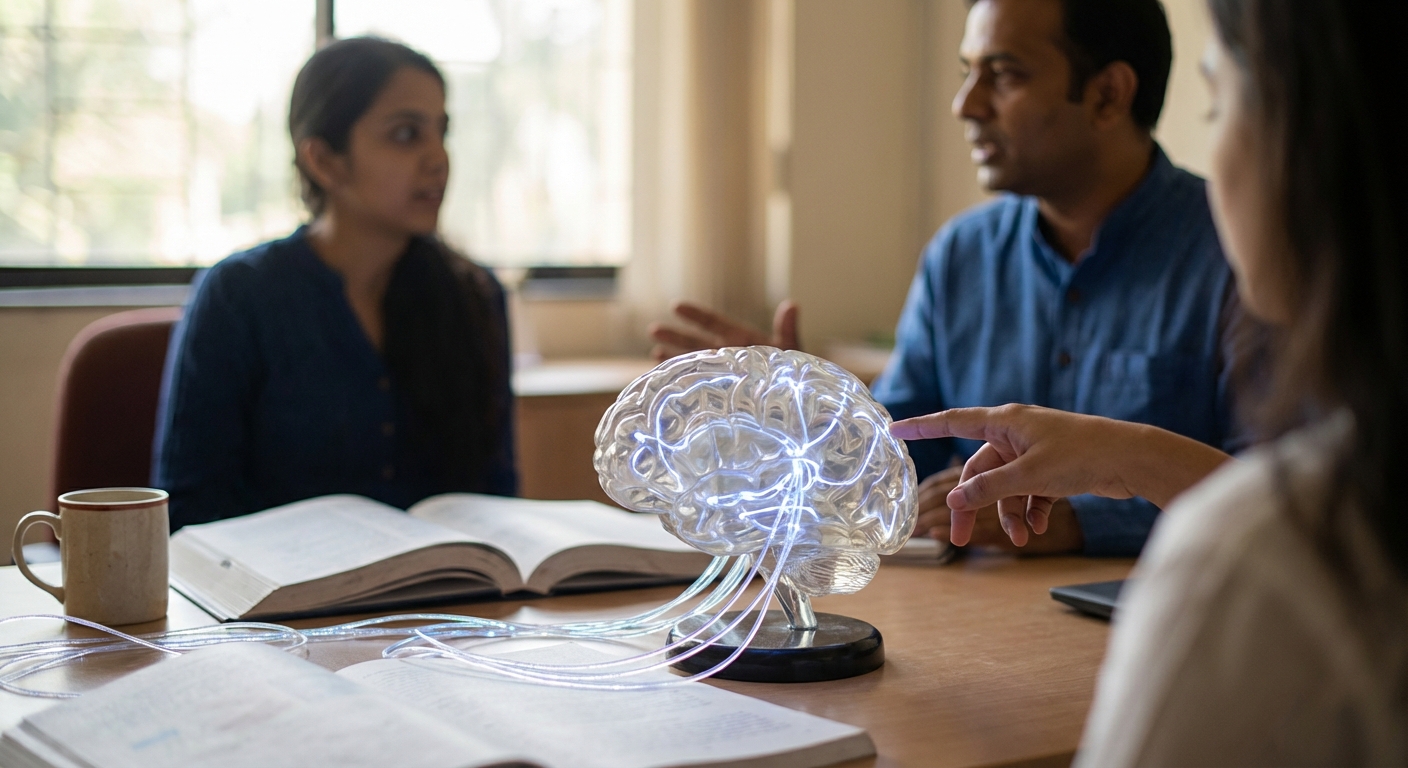 Brain illustration showing neural pathways lighting up during positive self-talk