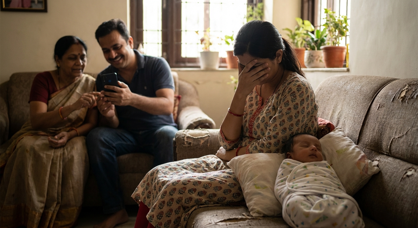 An illustration showing the contrast between expected joy of motherhood and the hidden struggle of postpartum depression