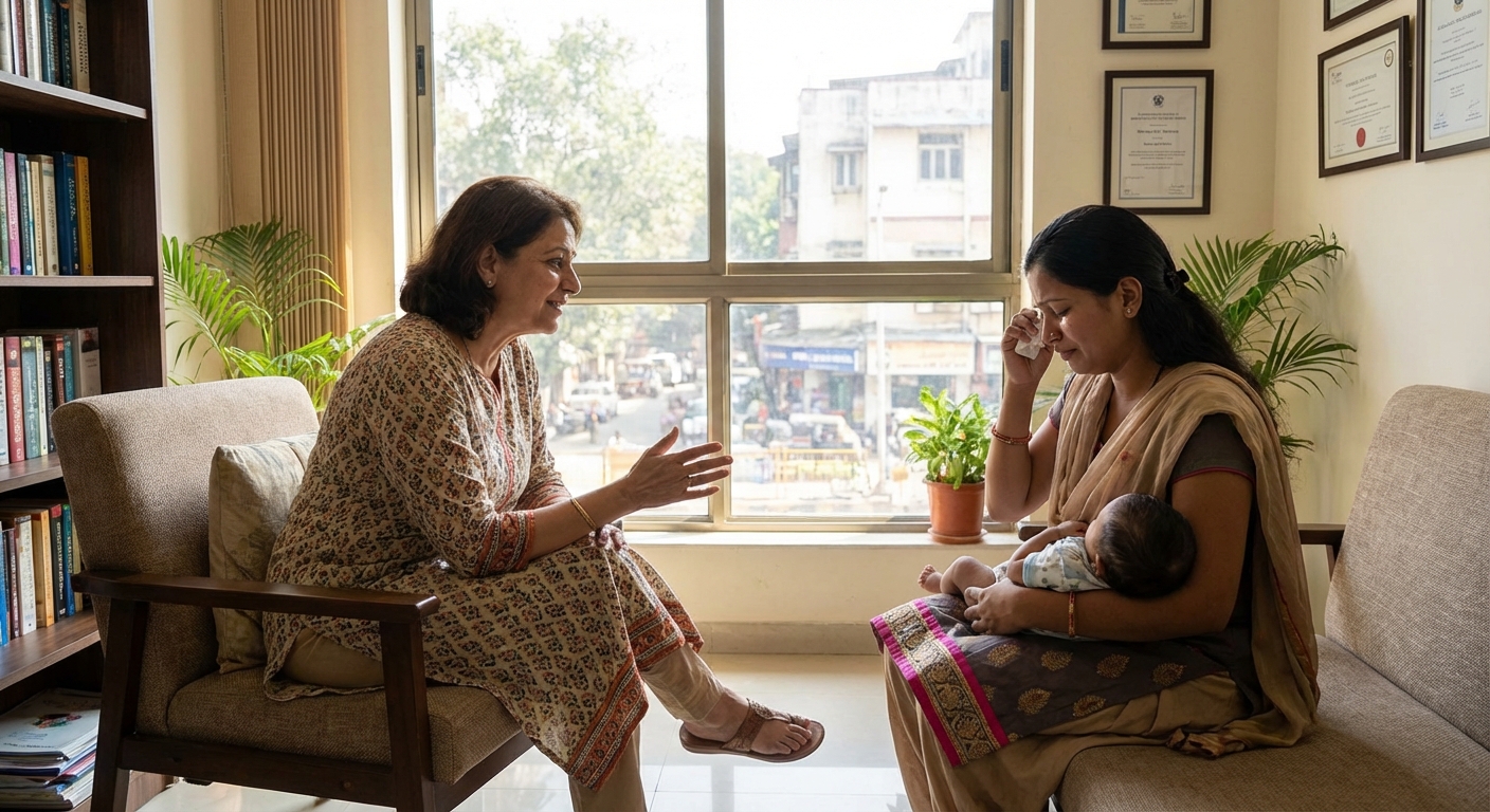 A therapy session scene showing a supportive conversation between a counselor and a young mother
