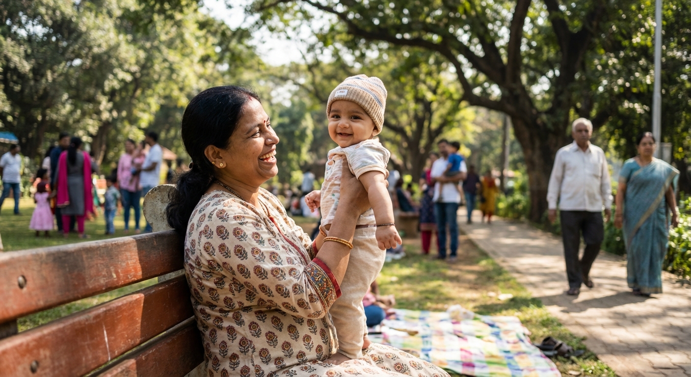 A hopeful image of a recovered mother enjoying a happy moment with her baby in a park