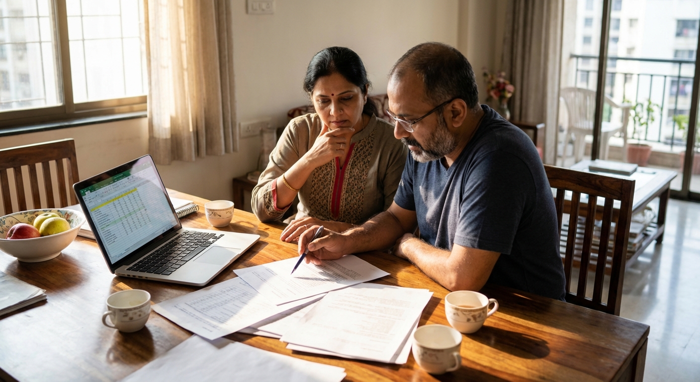 An Indian couple reviewing documents together at a dining table with a laptop, appearing thoughtful and collaborative