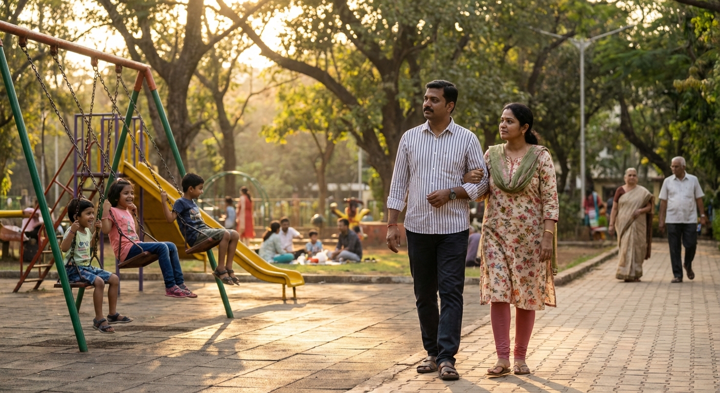 A couple walking through a park, with children playing in the background, suggesting contemplation about future family