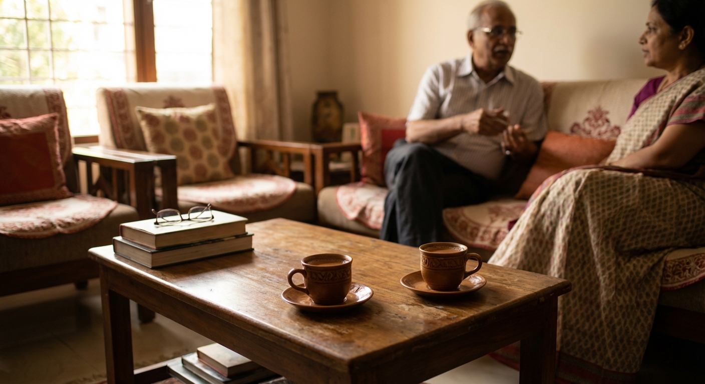 A cozy living room setting with two cups of chai on a coffee table, suggesting a comfortable space for intimate conversation