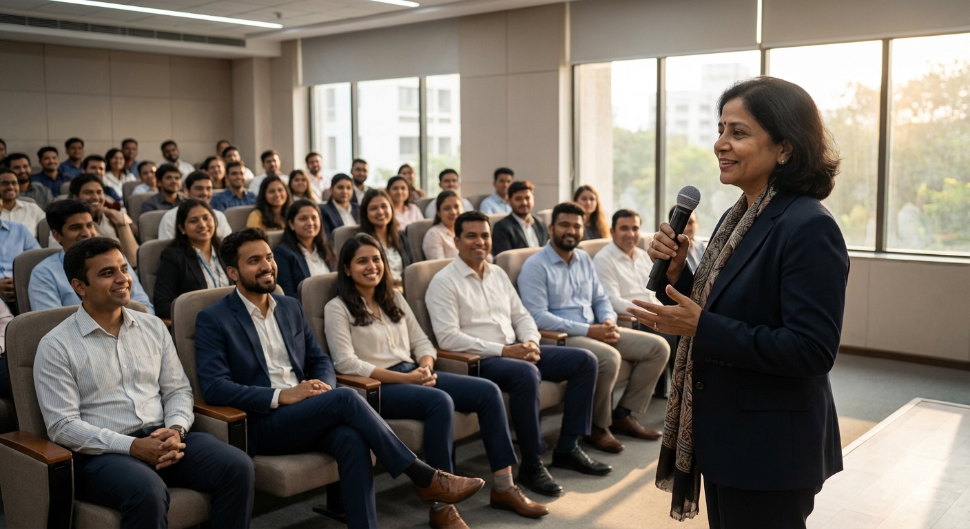 A confident speaker addressing an engaged audience in a professional setting