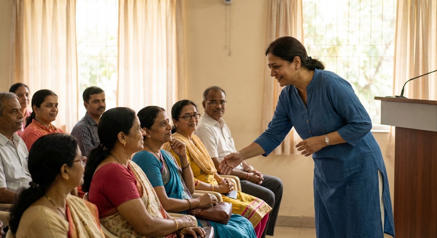 A speaker making genuine eye contact and connecting with audience members