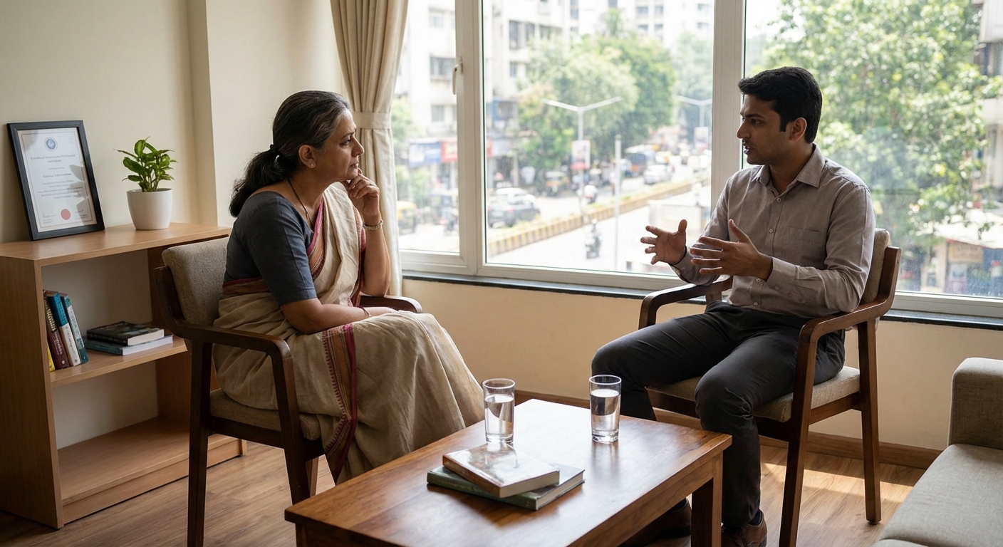 A supportive therapy session discussing public speaking anxiety