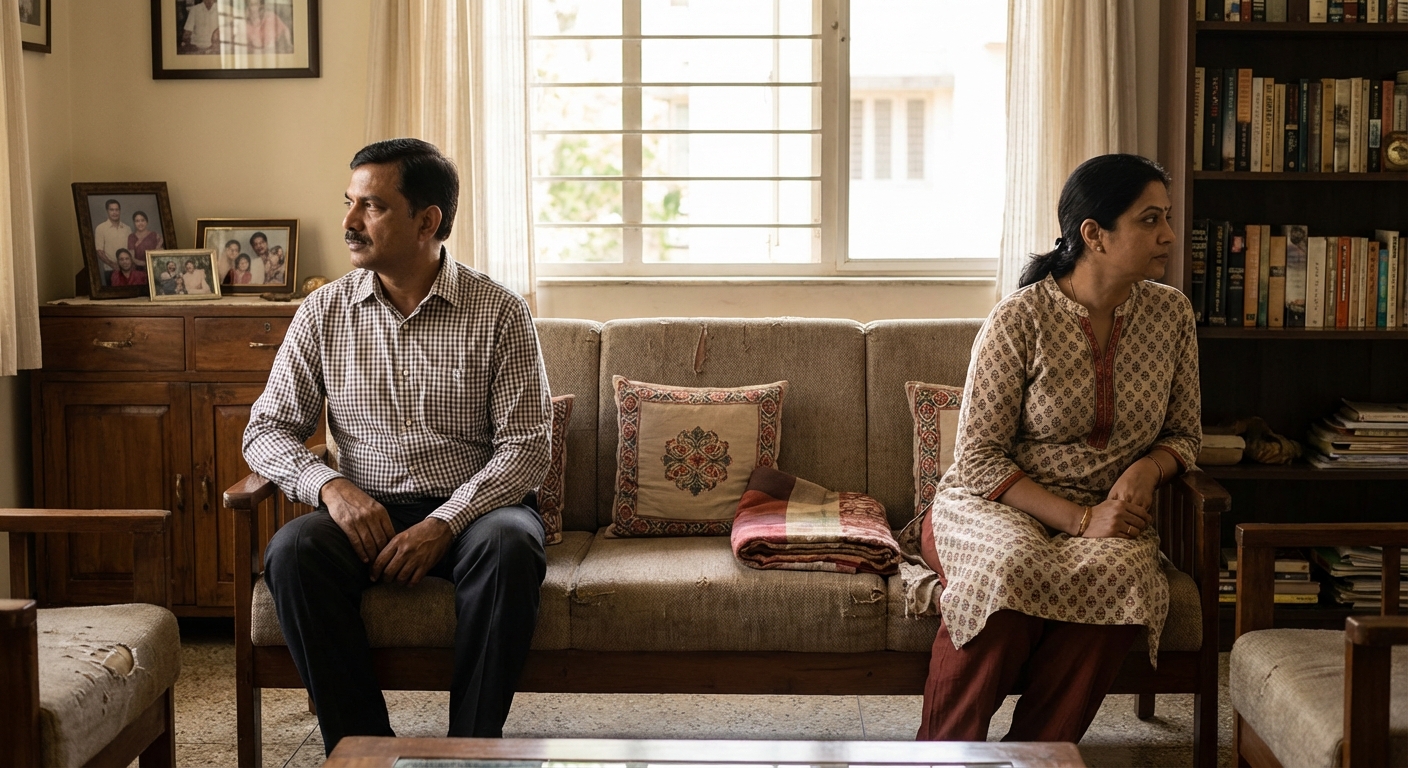 An Indian couple sitting apart on a sofa, looking in different directions but in the same room