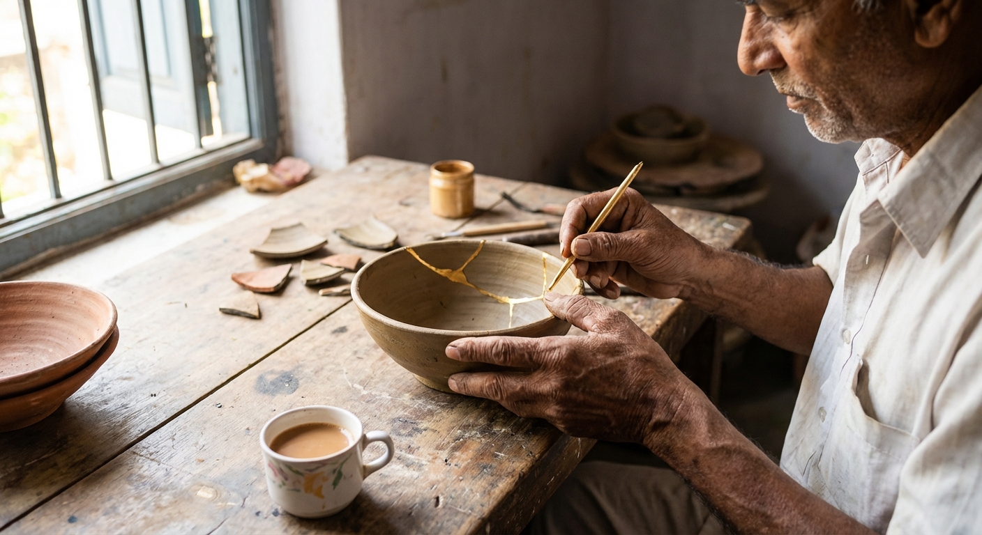 A cracked pottery bowl being repaired with gold, representing the Japanese art of Kintsugi