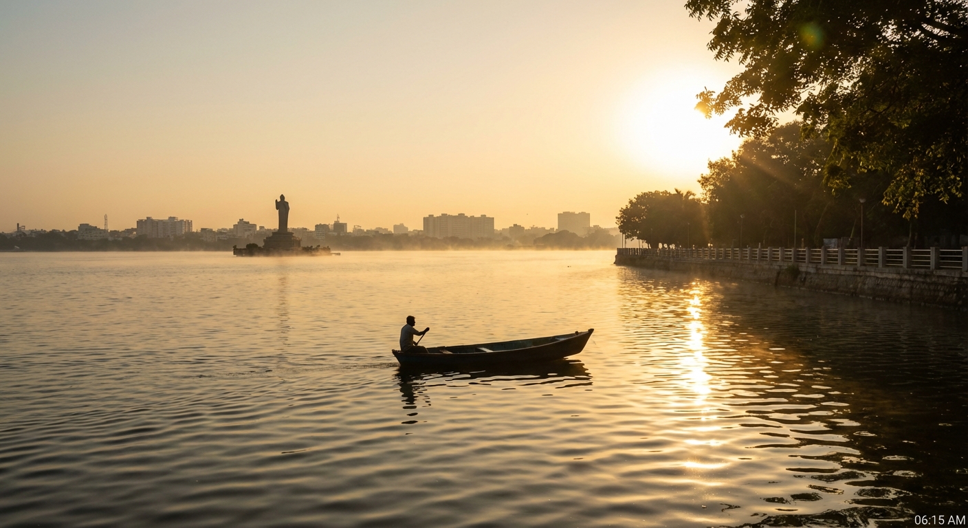 A sunrise over the Hussain Sagar Lake in Hyderabad, symbolizing new beginnings