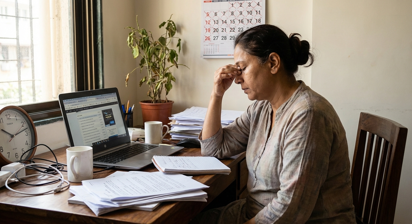 A visual representation of burnout symptoms showing a person surrounded by symbolic elements
